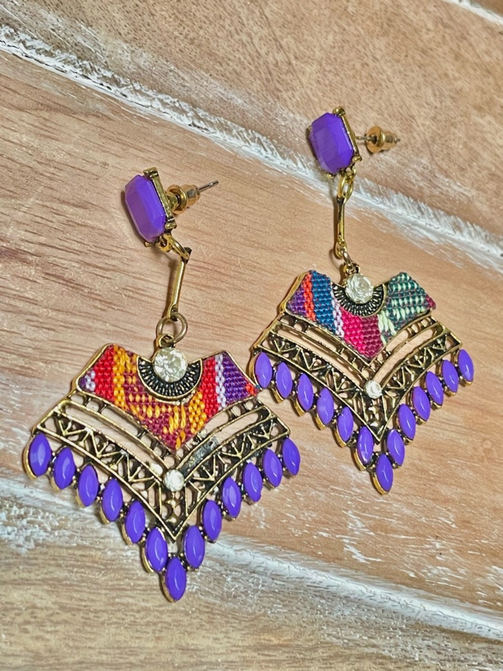 Vibrant Purple Boho Drop Earrings with Multicolor Needlepoint Embroidered Detail